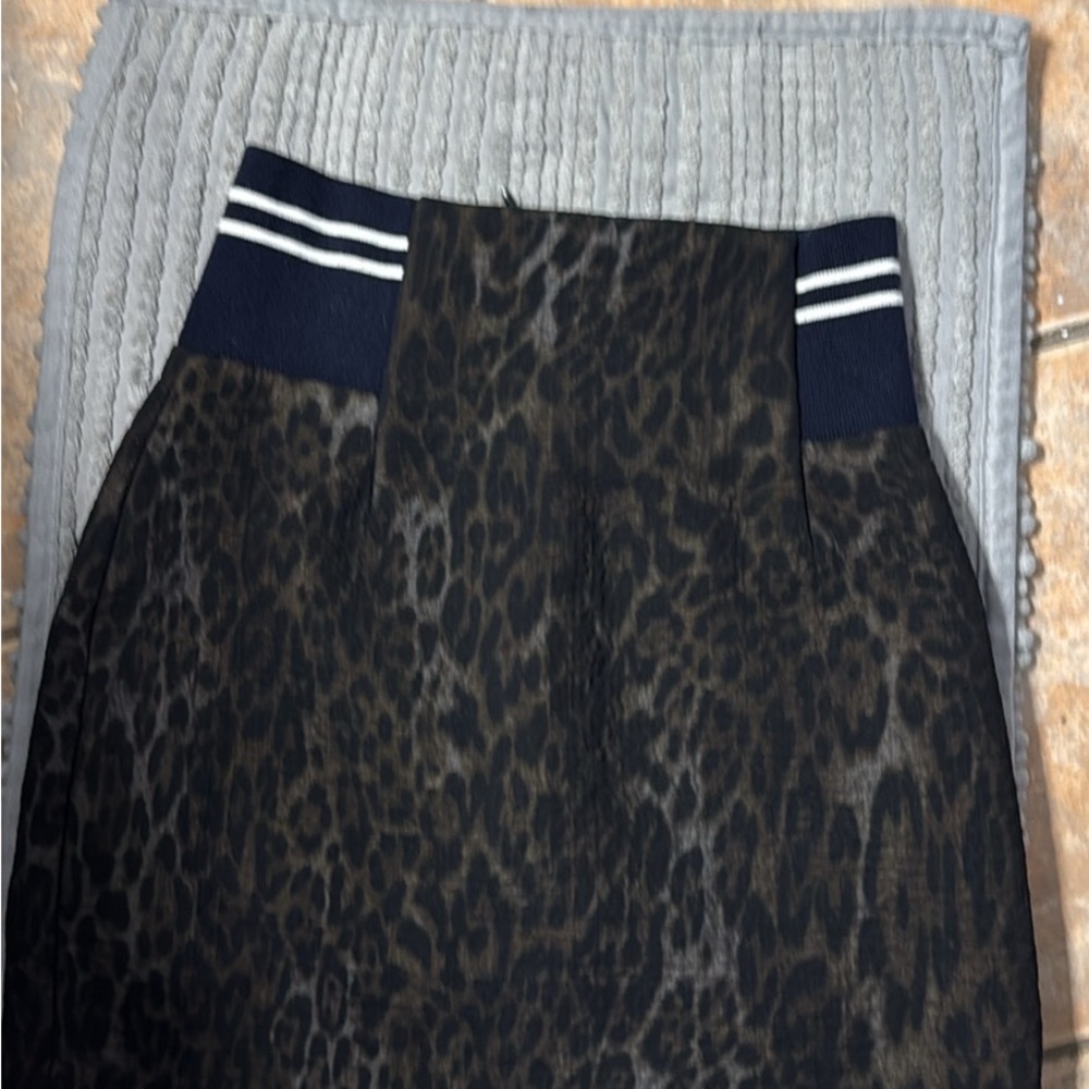 Sandro Leopard Print Pencil Skirt with Navy and White Accents